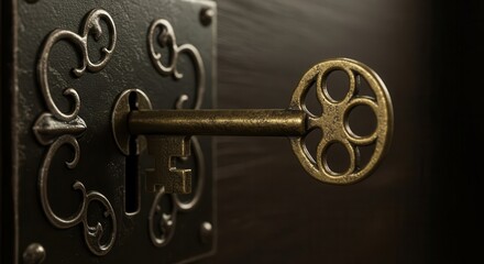 Obraz premium Intricate antique key inserted into a dark, detailed lock, suggesting mystery and unlocking potential within a warm, shadowy environment.
