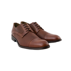 Brown perforated leather dress shoes positioned together at a slight angle, conveying a refined classic charm.