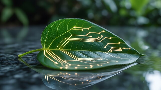 Green leaf with integrated circuit design reflecting in water surface idea
