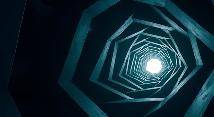 Abstract geometric tunnel with glowing light at the end creating a sense of depth and mystery