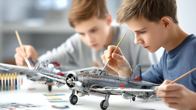 Teens painting details on vintage airplane models, applying stickers to wings, brushes adding final touches, blurred background, with copy space