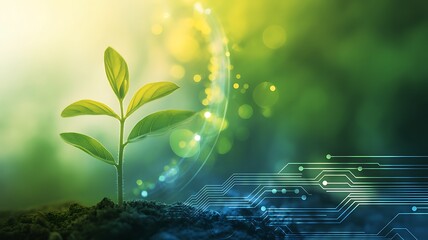 Green Plant Sprout with Technology Background Represents Sustainable Development and Innovation