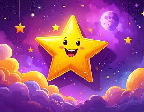 Happy animated star with smiling face in dreamy sky