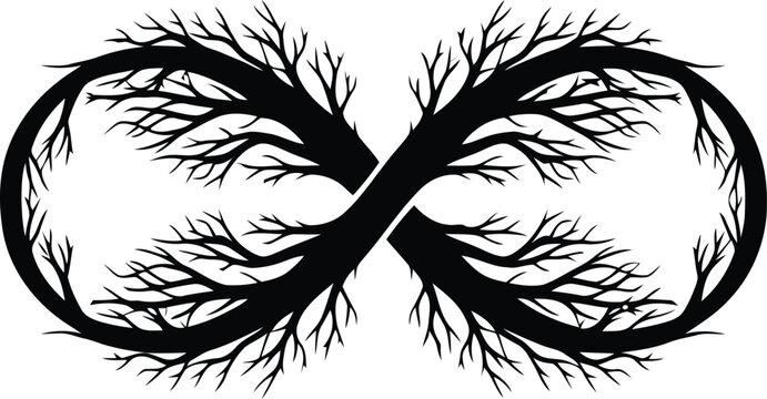 Silhouette of roots and branches forming infinity symbol, sustainability logo vector