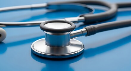 Close up of a medical stethoscope resting on a vibrant blue reflective surface symbolizing healthcare and diagnosis