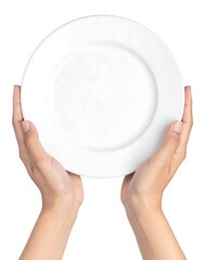 Human hands holding a simple white plate against a white background
