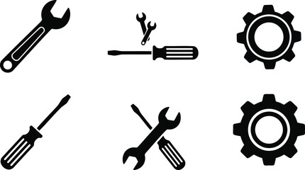 Collection of industrial tools and mechanical gear icons for service and repair concepts