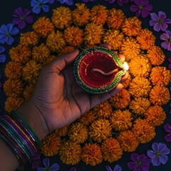 Woman hand holding a lit oil lamp diya over a colorful marigold flowers and petals on blue background. Diwali celebration and Hindu festival of lights for tradition for banner, poster or blog post.