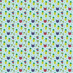 Tropical Carnival Seamless Pattern with Pineapples, Palm Trees, and Vejigante Masks