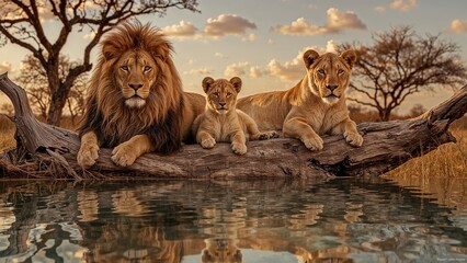 Family lion one cub couple lying close together in the savannah © Bella Art