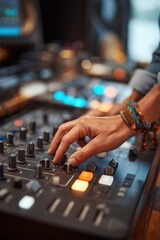 Fototapeta premium Close-up of Hands Adjusting Audio Interface in Creative Streaming Room