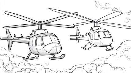 Two helicopters in the sky, flying against a cloudy backdrop, for illustration or education use