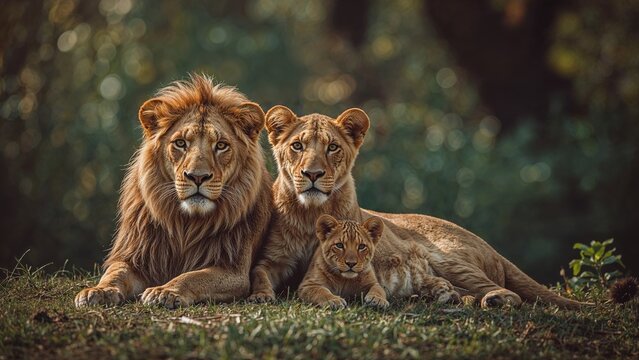 Lion family with one cub in the forest — wild nature and family bond