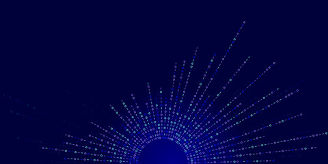 Binary code streams radiate from center as dotted lines. Digital data flow graphic for tech, AI or...