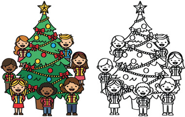 Diverse Children Around Christmas Tree with Presents - Holiday Celebration Illustration