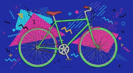 Fototapeta premium Green bicycle design featuring pink accents, set against a blue background adorned with bright geometric shapes and lines in various colors, highlighting a retro and stylized theme, showcasing...