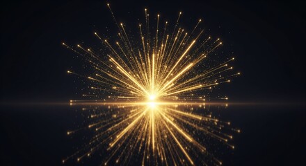 Obraz premium Bright golden particles explode and reflect on a dark surface, creating a dynamic abstract background.