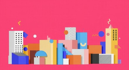 Fototapeta premium Vibrant abstract cityscape presented with geometric shapes and colorful buildings against a bright magenta background, creating an eye-catching and playful composition of modern art.