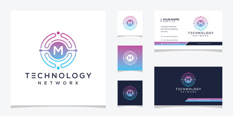 Initial letter m digital technology network logo design, circle symbol icon concept, business card vector template