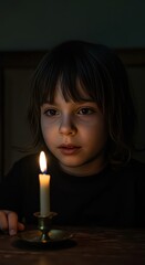 Child gazing intently at a burning candle, its flame illuminating the young person's face within a dimly lit environment, creating a contemplative atmosphere and highlighting soft skin tones,...