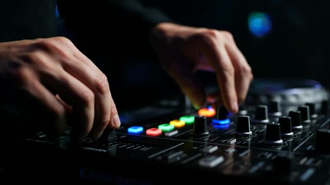 A close-up of a DJ's hands mixing music on a professional controller with colorful backlit knobs and faders in a dark nightclub.