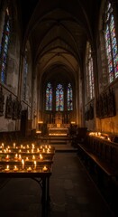 Fototapeta premium Interior view of a gothic cathedral featuring rows of lit candles, creating a serene and contemplative atmosphere, the architectural details showcasing tall arches and stained glass windows, with a...