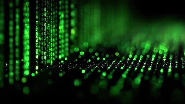 Abstract Binary Code Matrix with Green Glowing Digits on Dark Background