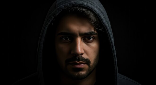 Portrait of a man with dark hair and a beard wearing a hooded sweatshirt, looking directly at the viewer with a serious expression.