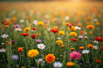 Fototapeta premium Bird's eye view capturing colorful meadow of wildflowers gently swaying in the breeze.