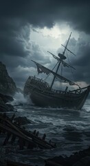 Fototapeta premium Dramatic depiction of a weathered ship, partially submerged in stormy, churning ocean water, with dark, ominous storm clouds overhead creating a moody and melancholic seascape composition, showcasing