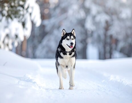 Husky dog running joyfully through fresh snow on a bright winter's day