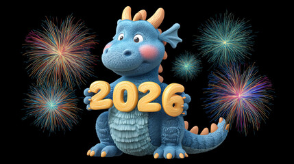 A blue dragon holding the year twenty twenty six with fireworks in background