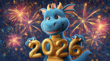 A blue dragon holding golden numbers against a fireworks background art