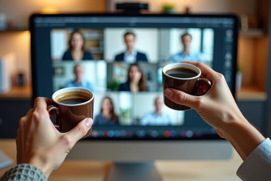 Digital Coffee Break: Two Hands Emerging from the Computer Screen with Mugs of Coffee during a Business Webinar