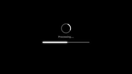 Loading bar animation with pulsing circle and processing text on black background. Loading bar represents progress and processing. Digital interface reflects data transfer and connection. - Powered by Adobe