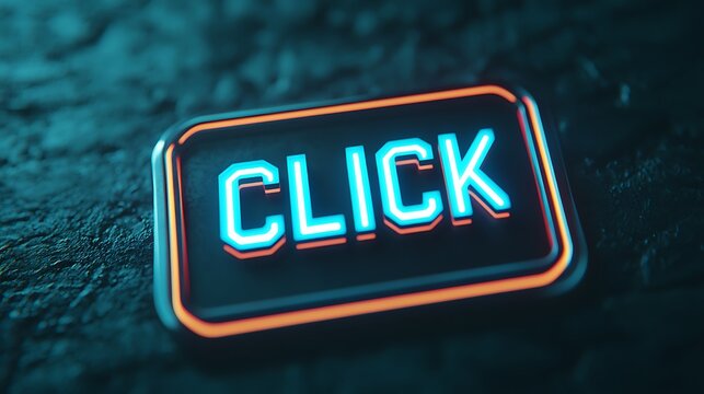 A glowing "CLICK" sign with a modern design against a textured dark surface, suggesting interaction or engagement.