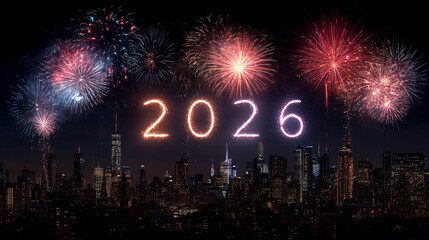 City skyline illuminated by fireworks with year two thousand and twenty six