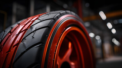 Custom performance tire with metallic red rim