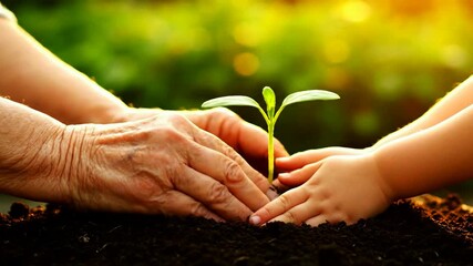 The hands of a grandparent and a child gently work together to plant a small green seedling symbolizing growth family and passing on knowledge.