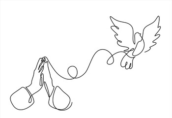 Continuous single one line drawing of Man Hands Pressed Together in Prayer Position and Flying Dove. Pray for peace. Action for Prayer, Gratitude and Thankful. Editable line. Hand drawn one line 