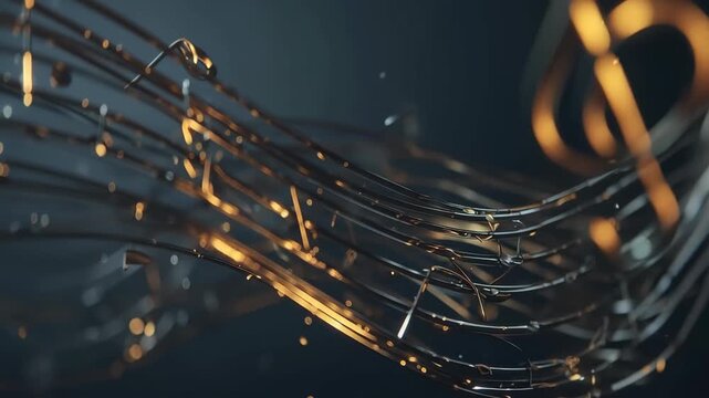 Abstract background depicting flowing musical notes with golden highlights in a dark space, ideal for creative projects related to music and sound