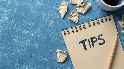 A notebook labeled "TIPS" is placed on a textured blue surface, surrounded by crumpled paper and a coffee cup, suggesting a workspace or brainstorming session.