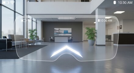 Augmented reality glasses displaying navigation in a modern office lobby, blending technology with the physical environment for seamless guidance