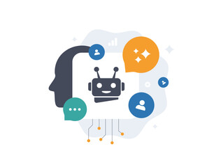 Fototapeta na wymiar Agentic AI personalization vector illustration. Autonomous bots crafting customer journeys with data streams and adaptive interfaces for hyper-targeted ai marketing campaigns and digital strategies