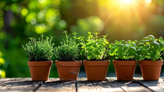Herb Garden Variety: Thyme and Basil Plants in Terracotta Pots on Wooden Table, Sunny Bokeh