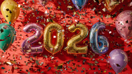 Festive new year celebration with balloons and confetti on red backdrop