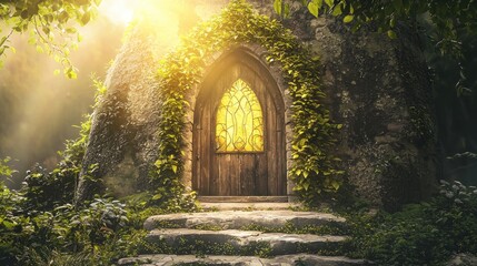 Fototapeta premium A mystical, ancient stone door with a stained glass window, surrounded by lush greenery and sunlight, leading to a hidden, enchanted realm.