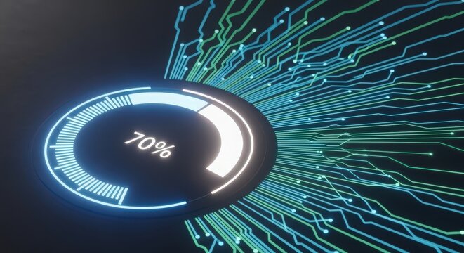 A 70 loading screen with circuit board pattern, representing data processing, progress, and technological advancement in computing