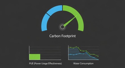 A carbon footprint gauge with charts showing power and water usage, illustrating environmental impact and sustainability efforts