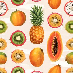 Tropical Fruit Pattern with Pineapple, Kiwi, Papaya, and Dragon Fruit &ndash; Seamless Exotic Summer Design